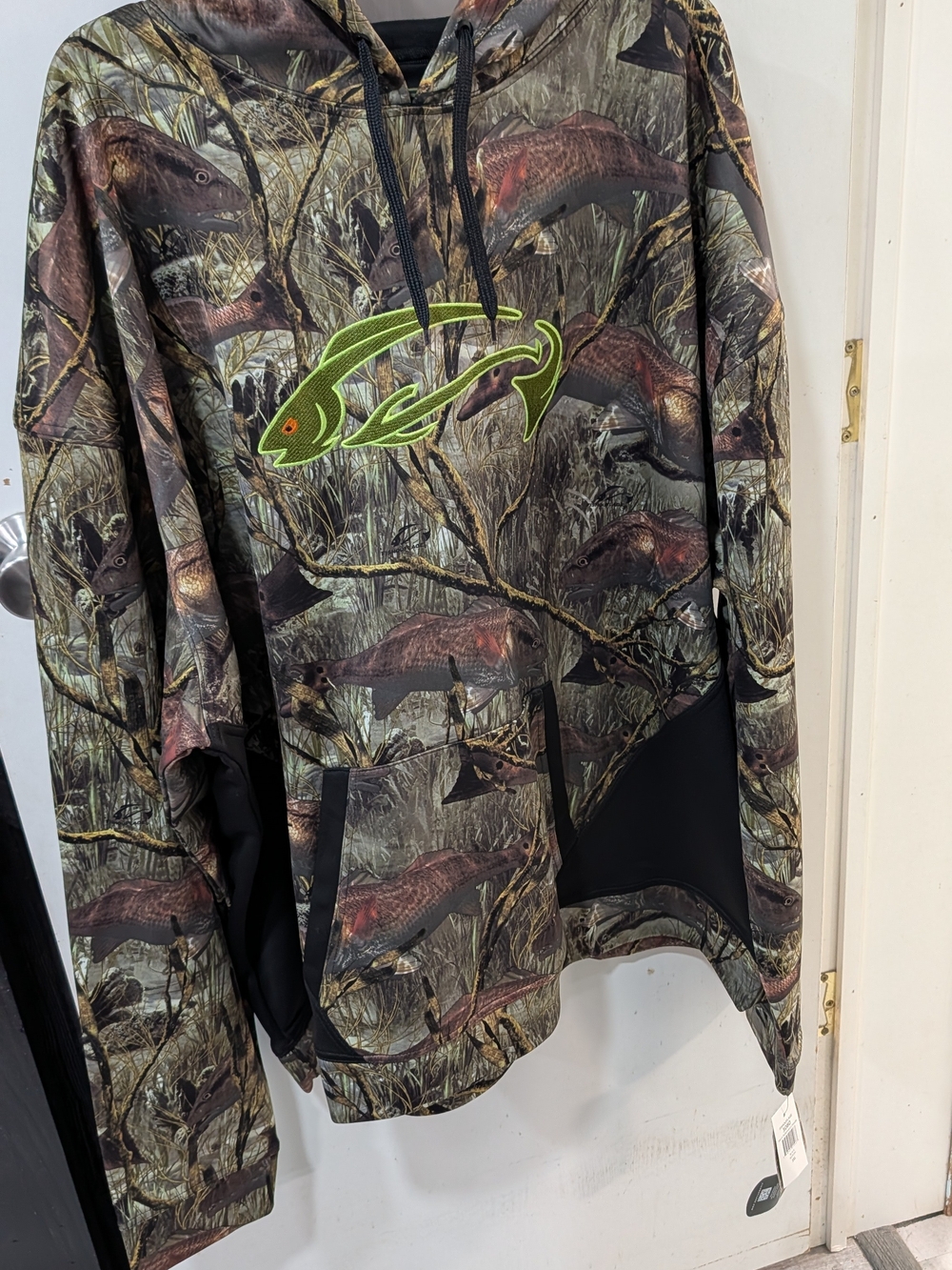 Camo Fish Pullover Hoodie with Neon Fish Logo - Green